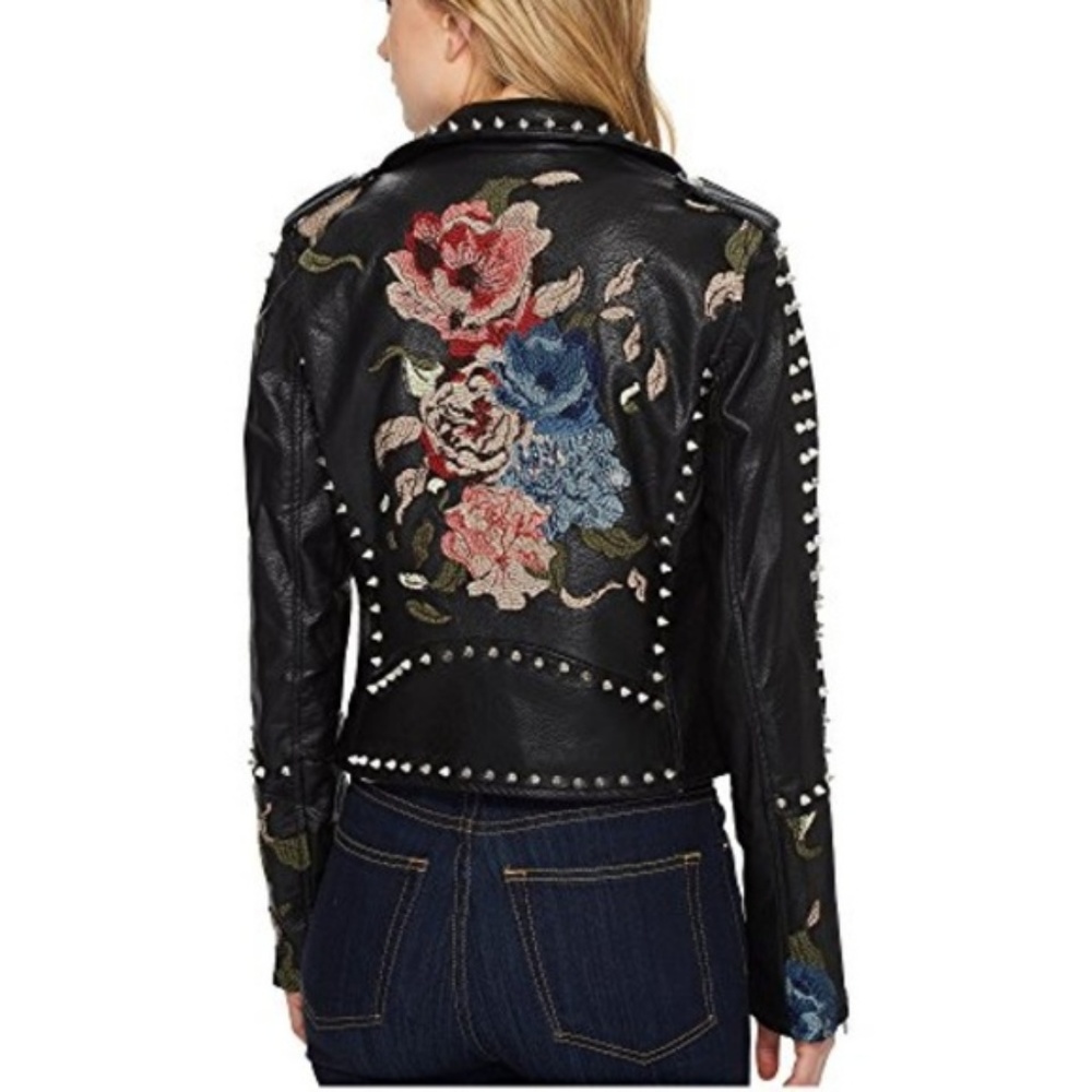 HP Studded Embroidered Vegan Leather Moto Jacket S